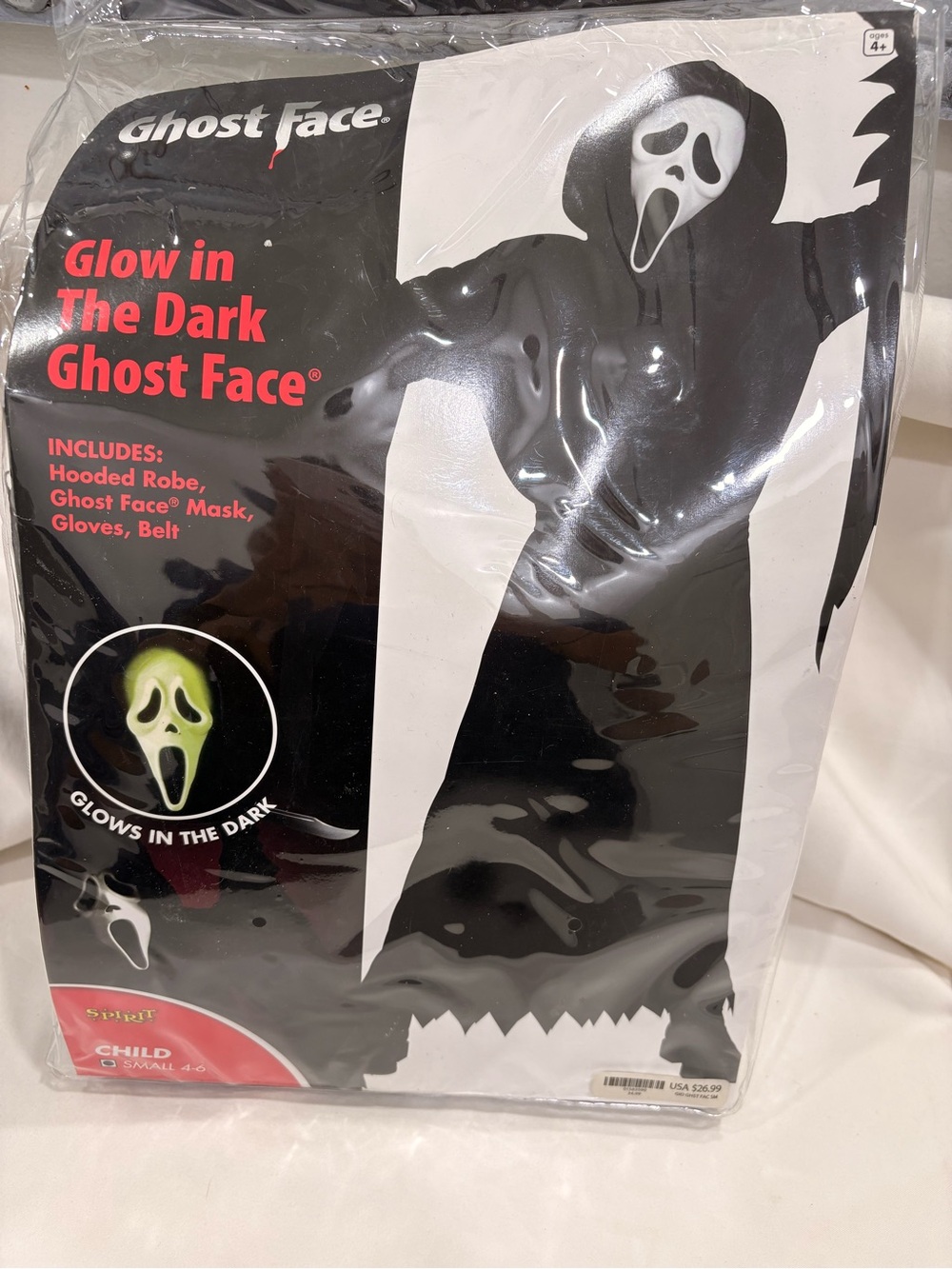 New Spirit Halloween Ghost Face Glow in the Dark Child Costume Small 4-6